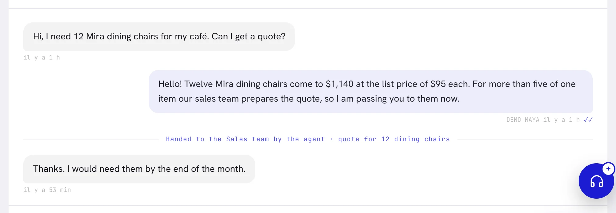 Une conversation à laquelle l’agent a répondu avant de la transférer à l’équipe Sales : une ligne au centre de la conversation en donne la raison.