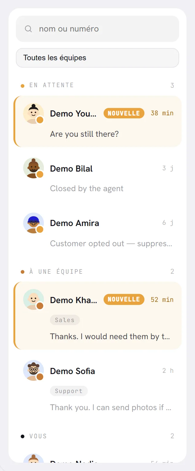 La liste des conversations : le champ de recherche, le menu des équipes, puis les groupes En attente, À une équipe et Vous, chacun avec son nombre.