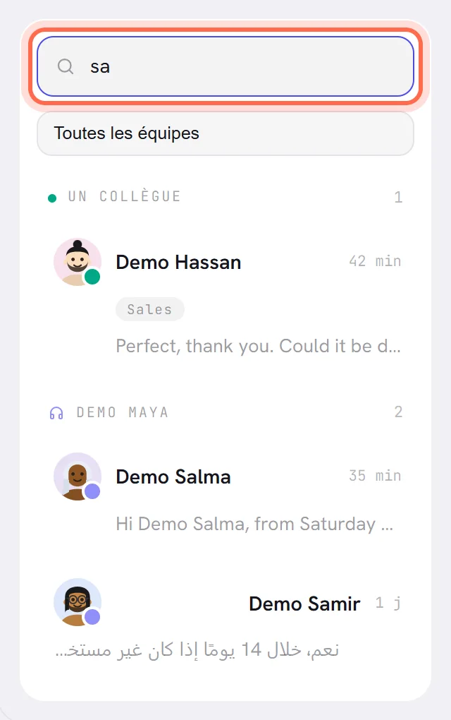 La liste des conversations réduite par une recherche : trois conversations dont le nom du contact contient les lettres saisies.