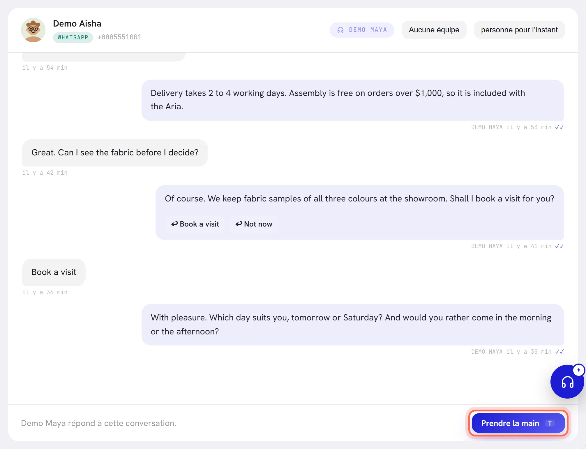 Une conversation à laquelle l’agent répond, avec le bouton Prendre la main entouré en bas.