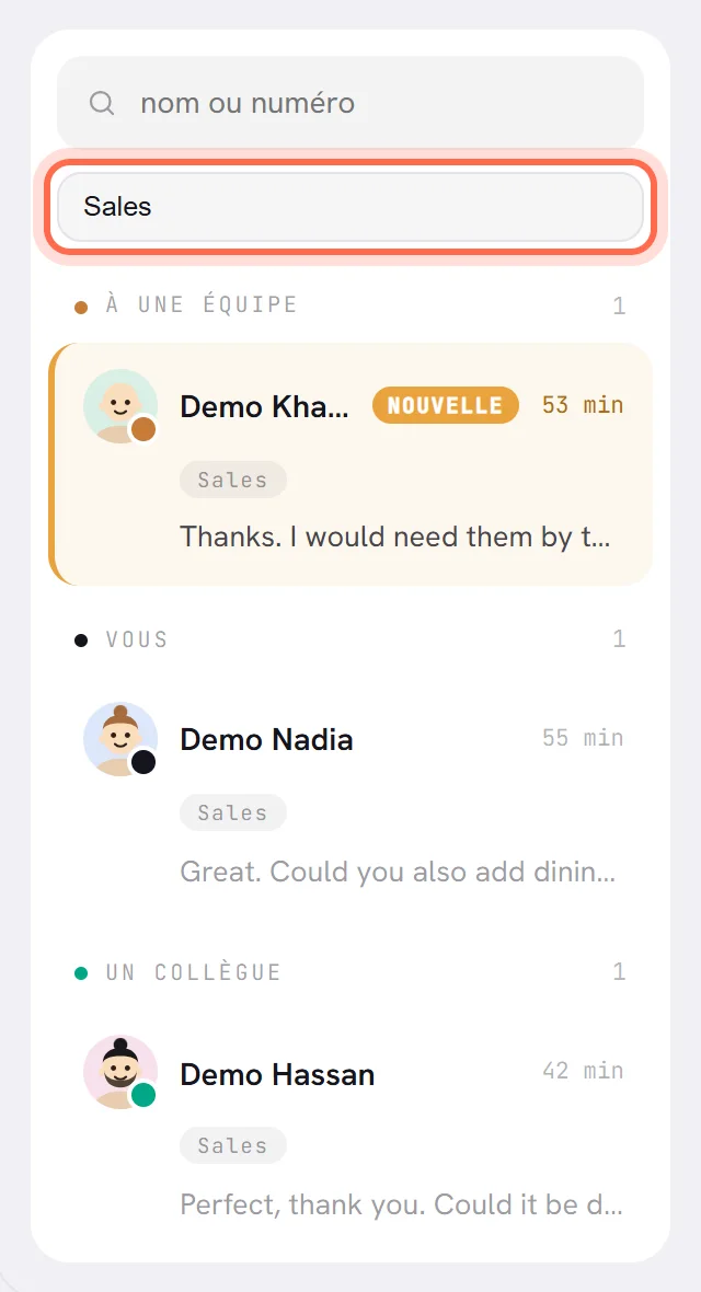 La liste avec l’équipe Sales choisie dans le menu : une conversation dans la file d’attente de l’équipe, une à vous et une à un collègue.