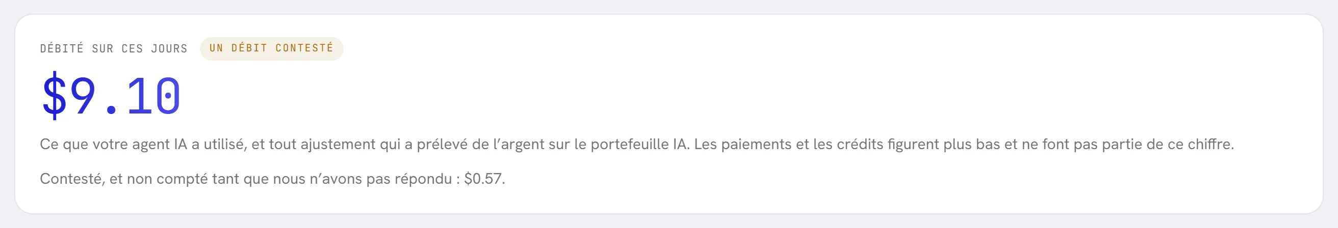 La première carte : Débité sur ces jours, le badge Un débit contesté, le montant, et une ligne indiquant le montant contesté et non compté.