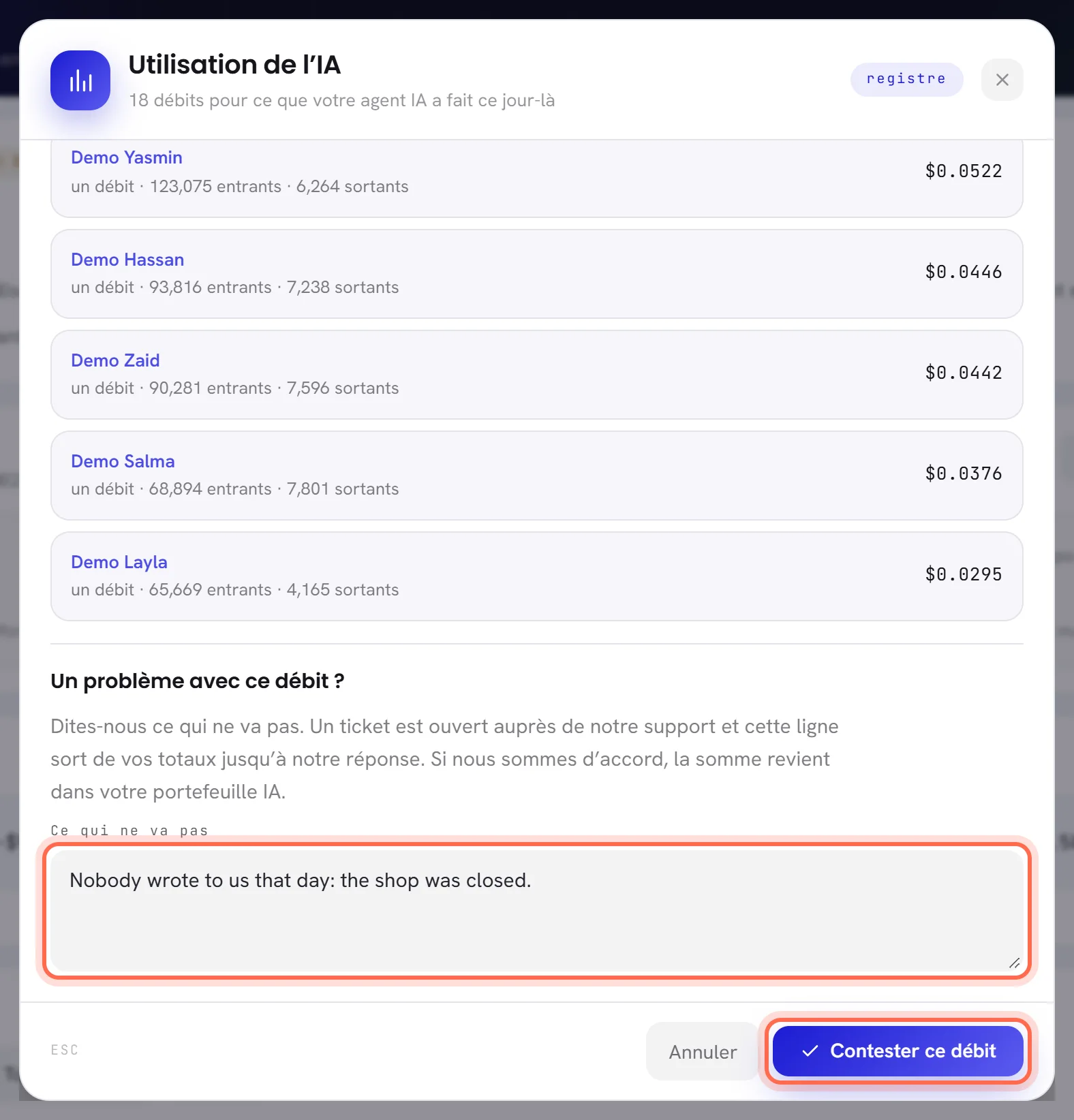 Le bas de la fenêtre d’un débit : Un problème avec ce débit ?, le champ Ce qui ne va pas avec une phrase saisie, et le bouton Contester ce débit, tous deux entourés.