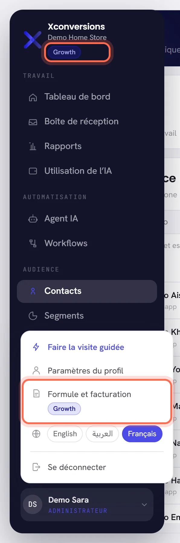Le menu ouvert : le badge de la formule sous le nom de l’espace de travail, en haut, et Formule et facturation avec le même badge dans le menu du compte, en bas. Les deux sont entourés.