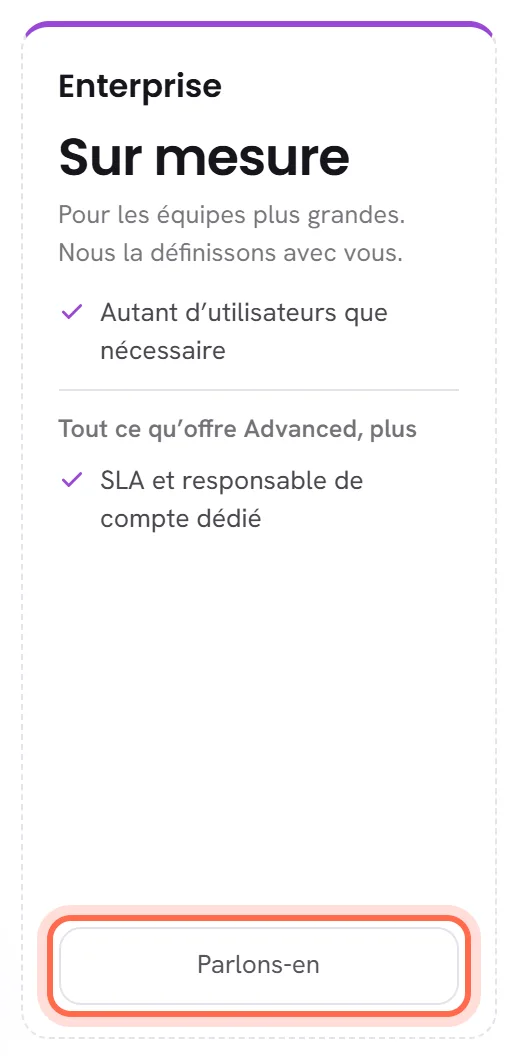 La dernière carte des formules : Sur mesure à la place d’un prix, et le bouton Parlons-en entouré.