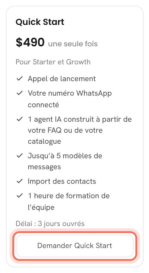 La carte d’un forfait : son nom, son prix, à qui il s’adresse, ce qu’il comprend, le délai de livraison, et son bouton entouré.