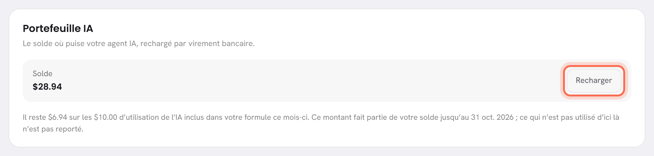 La carte du portefeuille IA : le solde, le bouton Recharger entouré, et ce qu’il reste de l’utilisation de l’IA comprise dans la formule ce mois-ci.