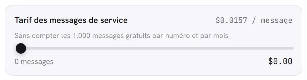 Une ligne du calculateur, le tarif des messages de service : le tarif d’un message, la ligne sur les messages gratuits de chaque numéro, le curseur, le nombre de messages et le montant.