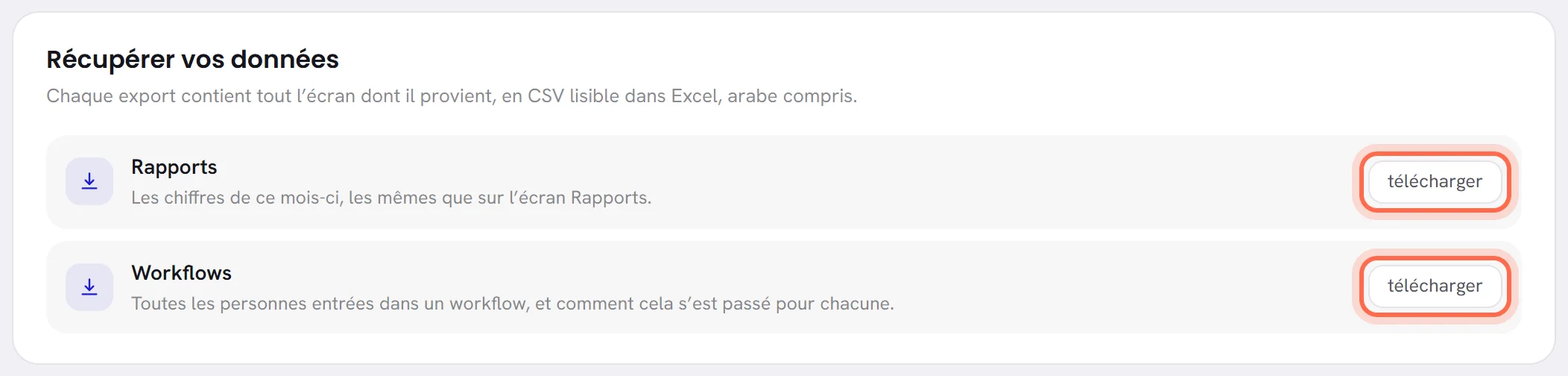 La carte Récupérer vos données : une ligne pour Rapports et une pour Workflows, chacune avec son bouton de téléchargement entouré.