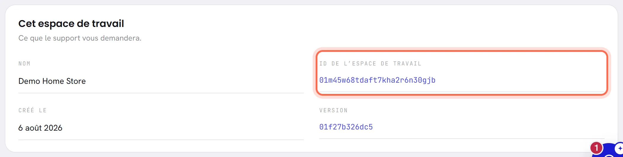 La carte Cet espace de travail : le nom, l’ID de l’espace de travail entouré, le jour de sa création et la version.