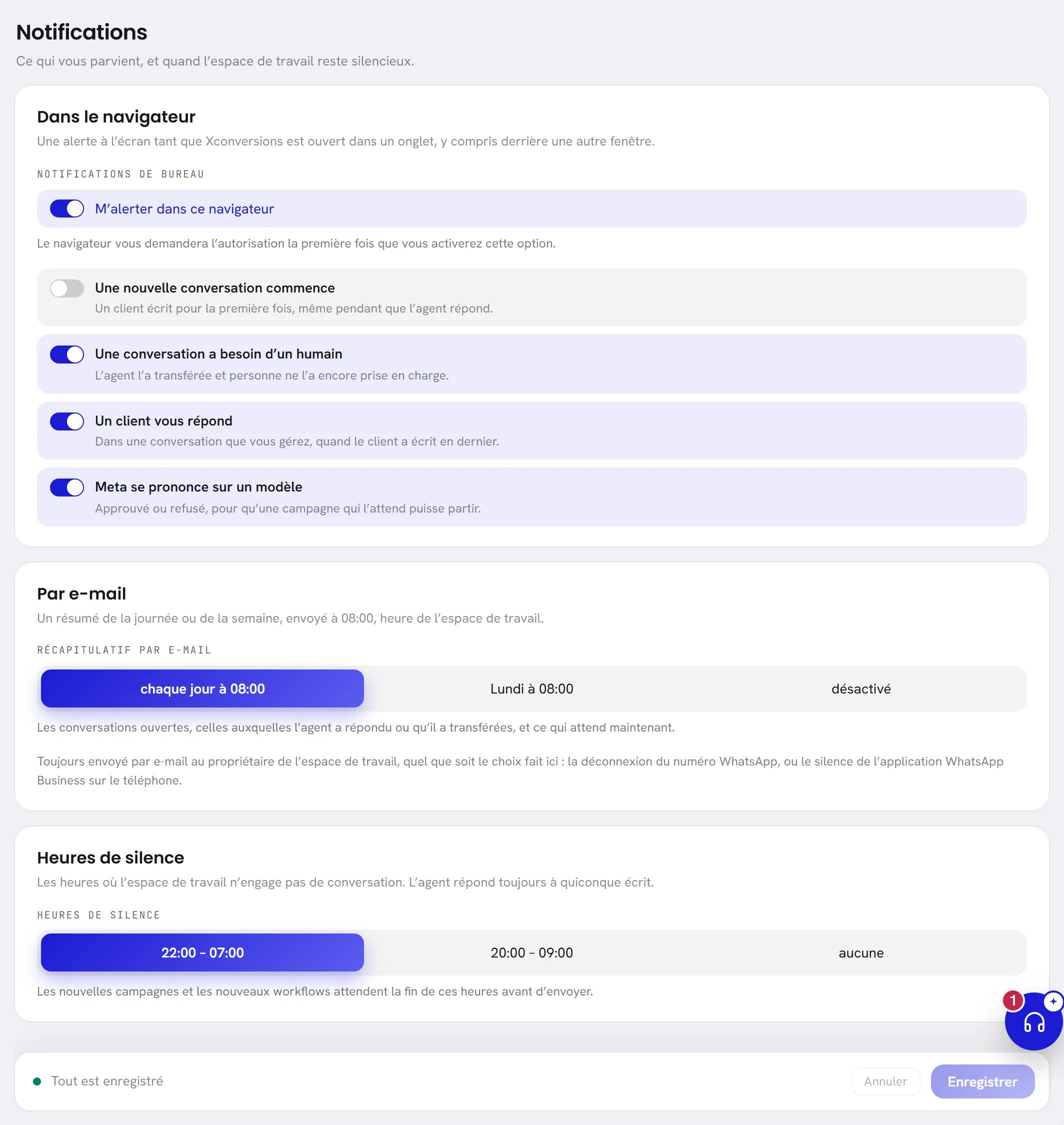 L’onglet Notifications : la carte Dans le navigateur avec l’interrupteur des alertes et quatre types d’informations, la carte Par e-mail avec le récapitulatif, la carte Heures de silence, et la barre d’enregistrement.