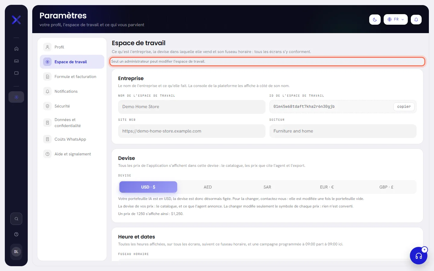 L’onglet Espace de travail tel que le voit un agent : une ligne en haut indique que seul un administrateur peut modifier l’espace de travail, les champs sont grisés et la liste des onglets ne comporte pas l’onglet Journal d’activité.
