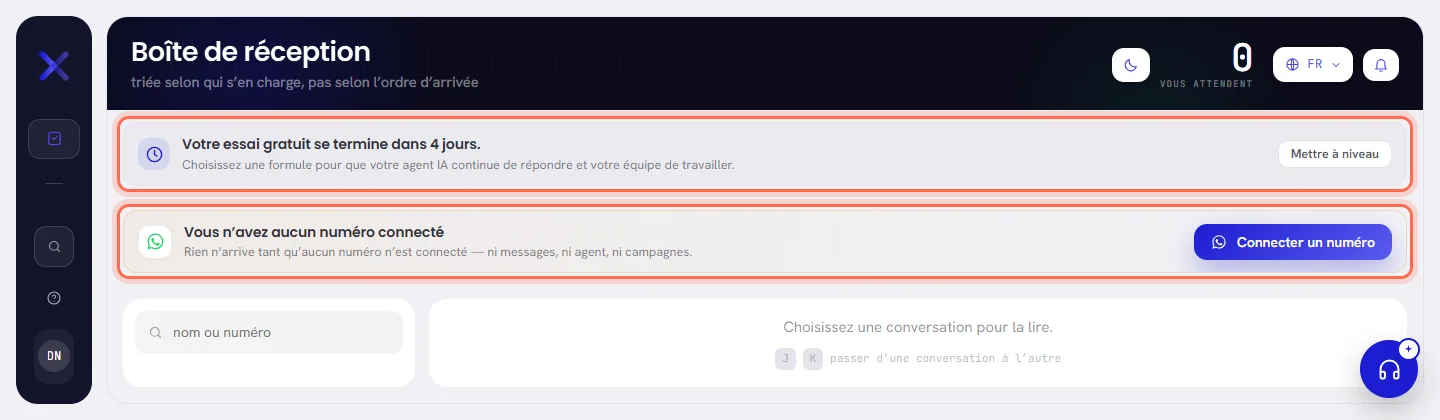 Deux bannières sous le bandeau d’un nouvel espace de travail : Votre essai gratuit se termine dans 4 jours, avec Mettre à niveau, et Vous n’avez aucun numéro connecté, avec Connecter un numéro.