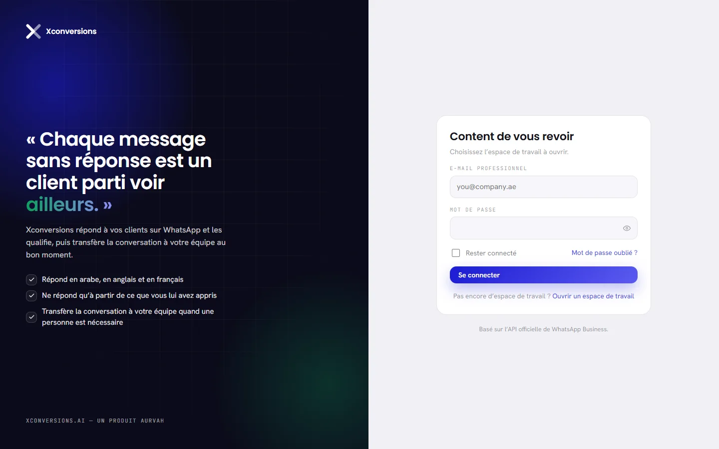 La page de connexion : e-mail professionnel, mot de passe, la case Rester connecté, le lien Mot de passe oublié, et le bouton Se connecter.