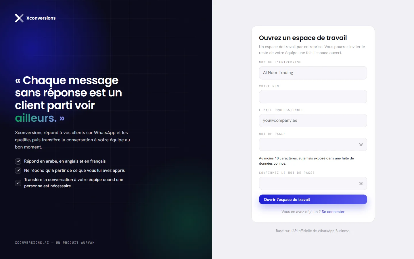 La page d’inscription, avec le formulaire Ouvrir un espace de travail : nom de l’entreprise, votre nom, e-mail professionnel, mot de passe et confirmation du mot de passe.