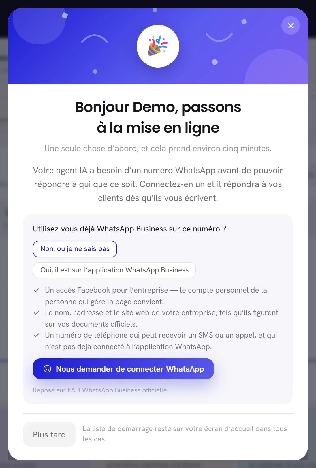 La fenêtre d’accueil au-dessus du tableau de bord d’un nouvel espace de travail, avec la question sur WhatsApp Business, le bouton de connexion et Plus tard.