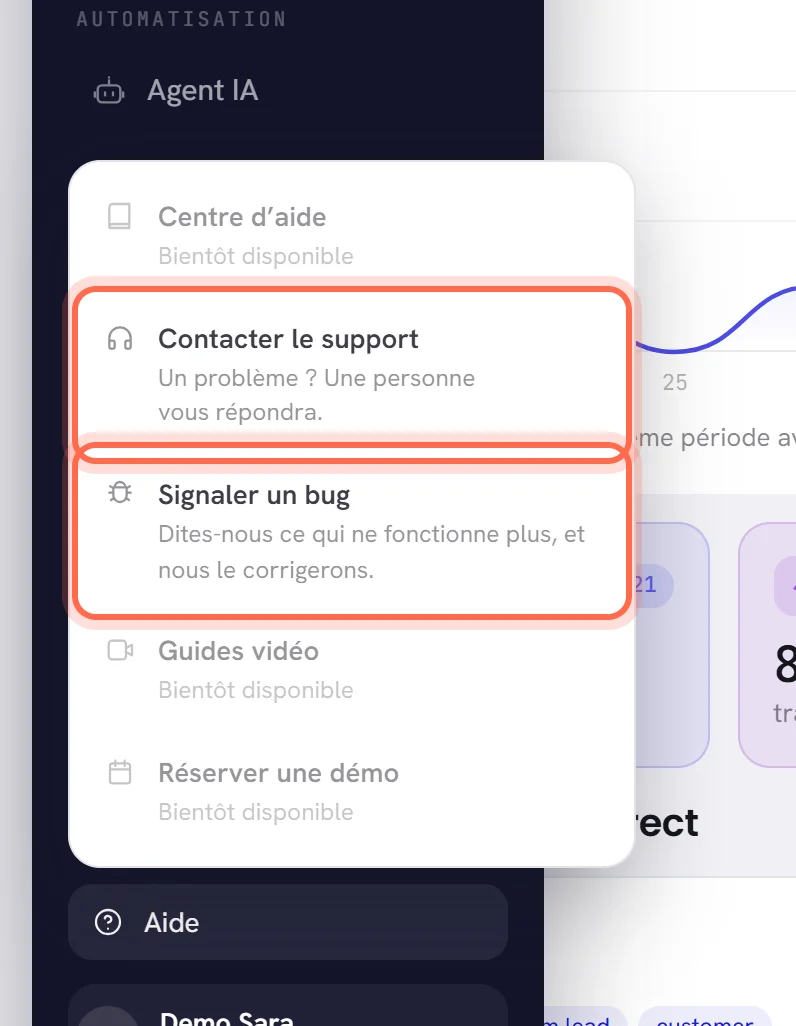La liste Aide en bas du menu, ouverte, avec Contacter le support et Signaler un bug entourés.