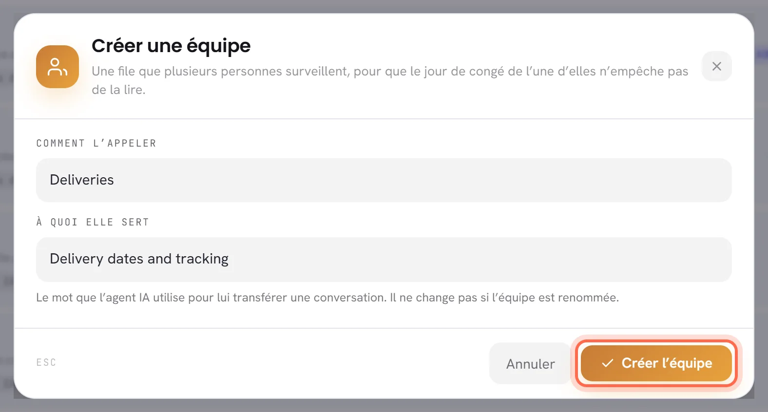 La fenêtre Créer une équipe avec un nom et ce à quoi sert l’équipe saisis, et le bouton Créer l’équipe entouré.