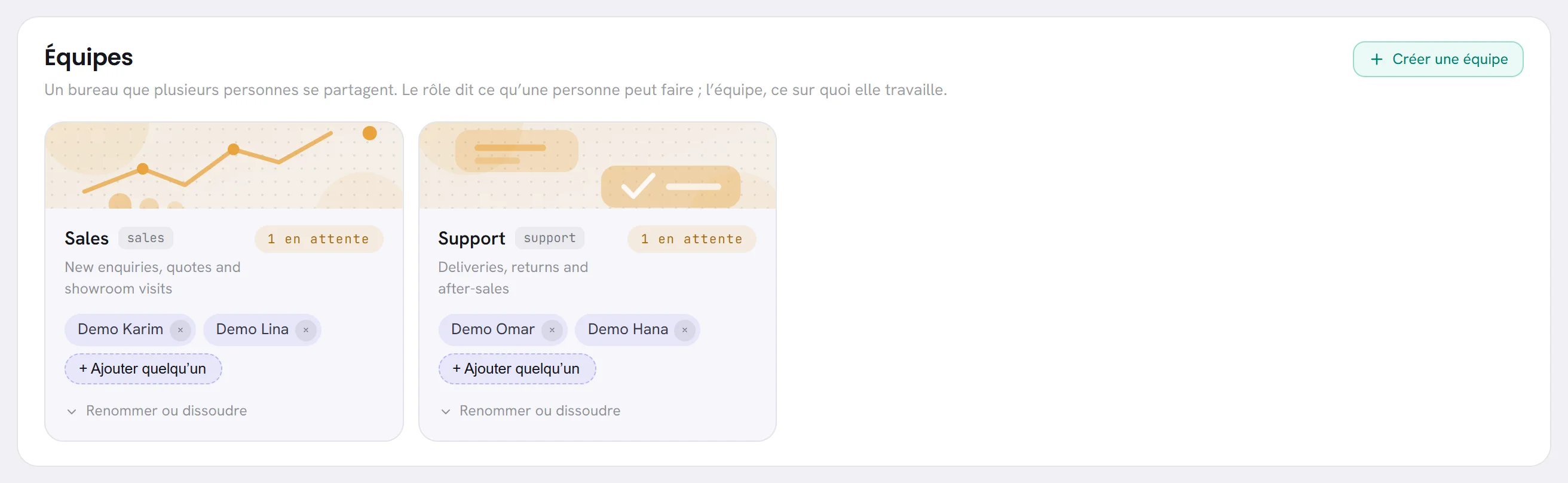 La carte Équipes sur l’écran Équipe, avec deux équipes et le bouton Créer une équipe.