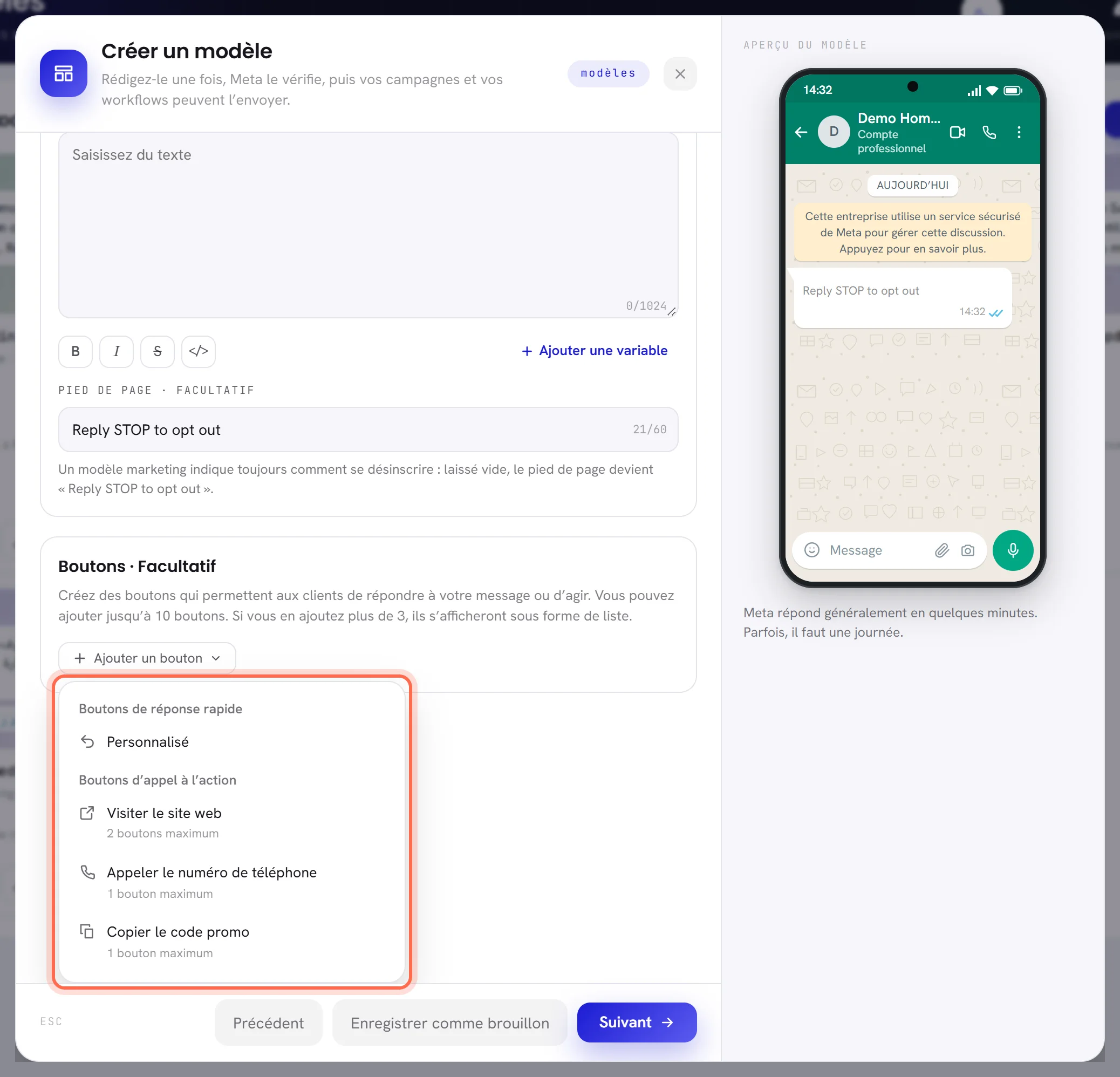 Le menu Ajouter un bouton : Personnalisé sous Boutons de réponse rapide, puis Visiter le site web, Appeler le numéro de téléphone et Copier le code promo sous Boutons d’appel à l’action, chacun avec sa limite.