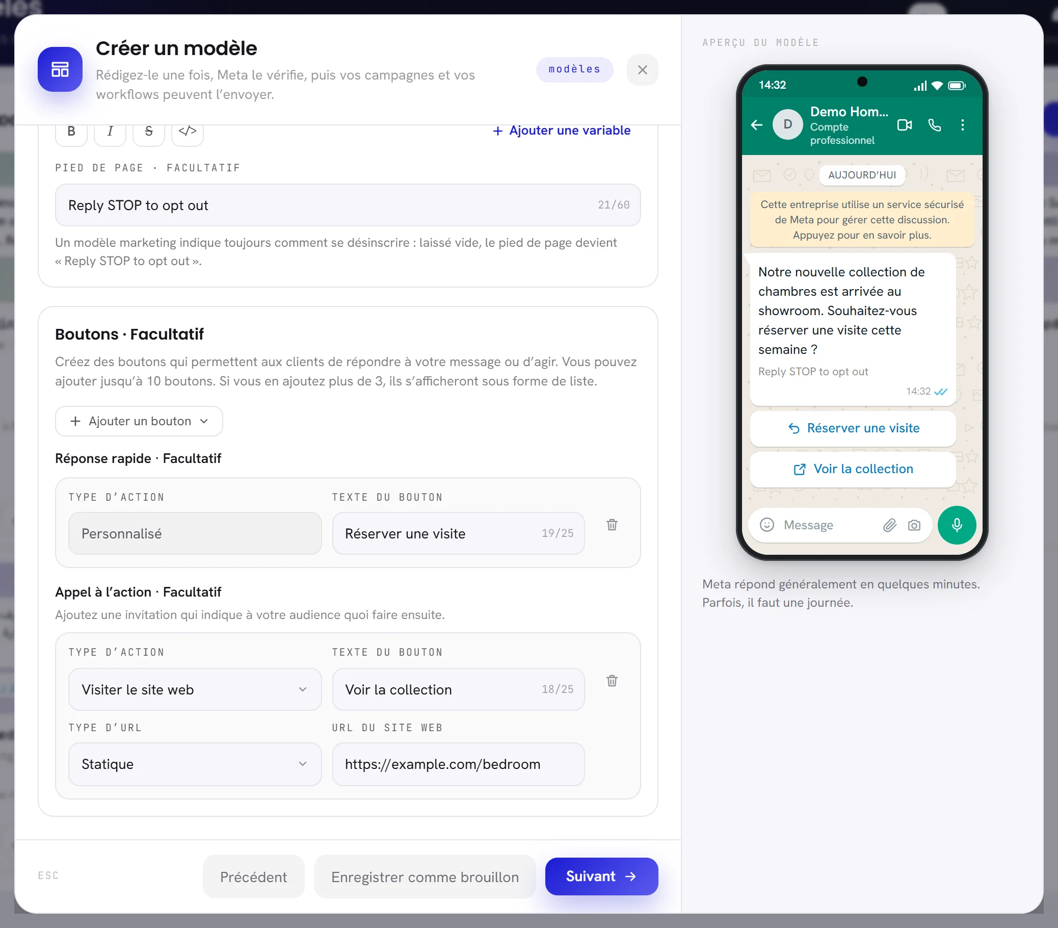Deux boutons en cours de rédaction : une réponse rapide avec son texte, et un bouton Visiter le site web avec son texte, son type d’URL et l’adresse du site. Le téléphone montre les deux sous le message.