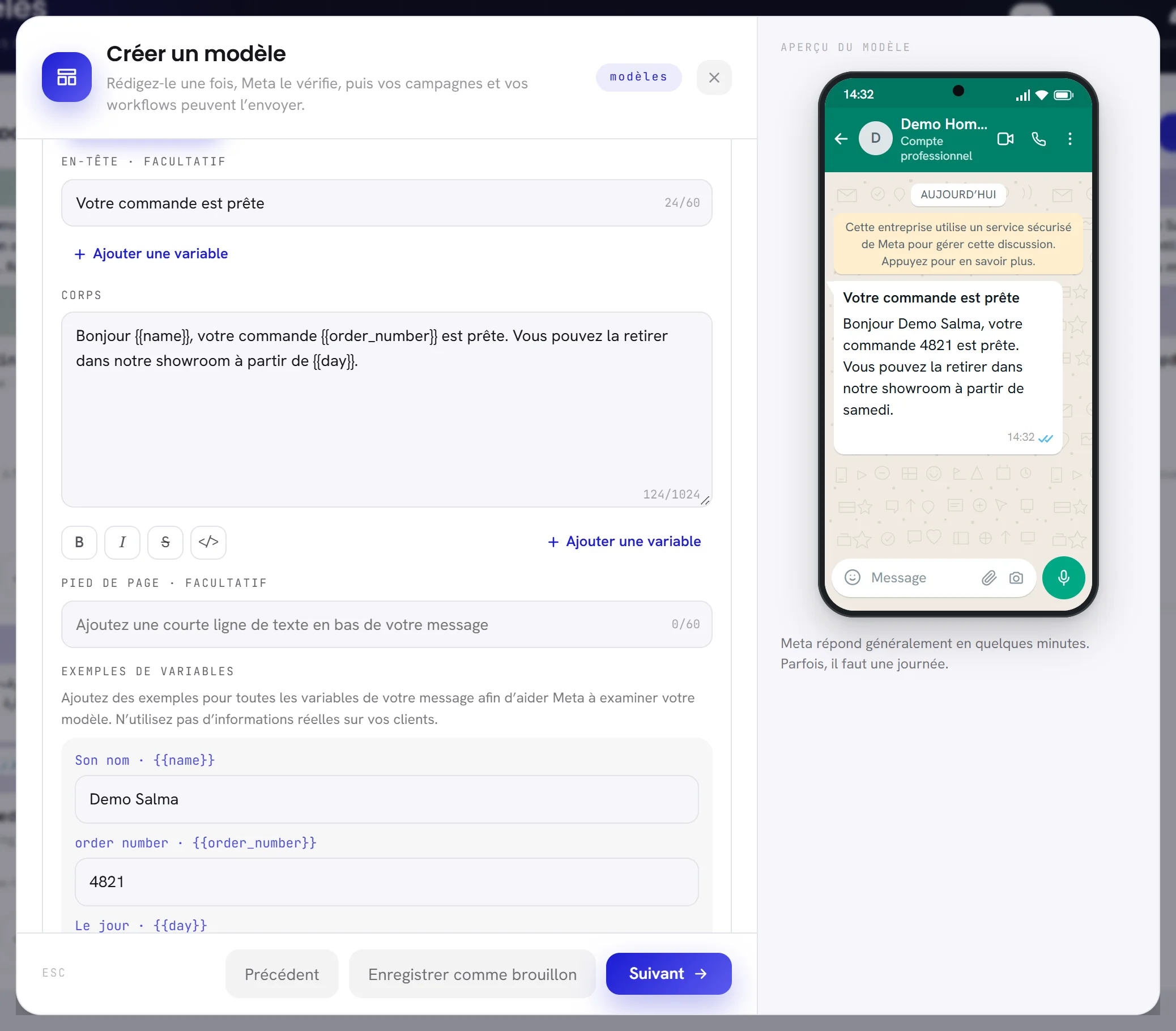 Plus bas dans la deuxième étape : l’en-tête, le corps avec trois variables à l’intérieur, les quatre boutons de mise en forme, le pied de page, et un exemple pour chaque variable.