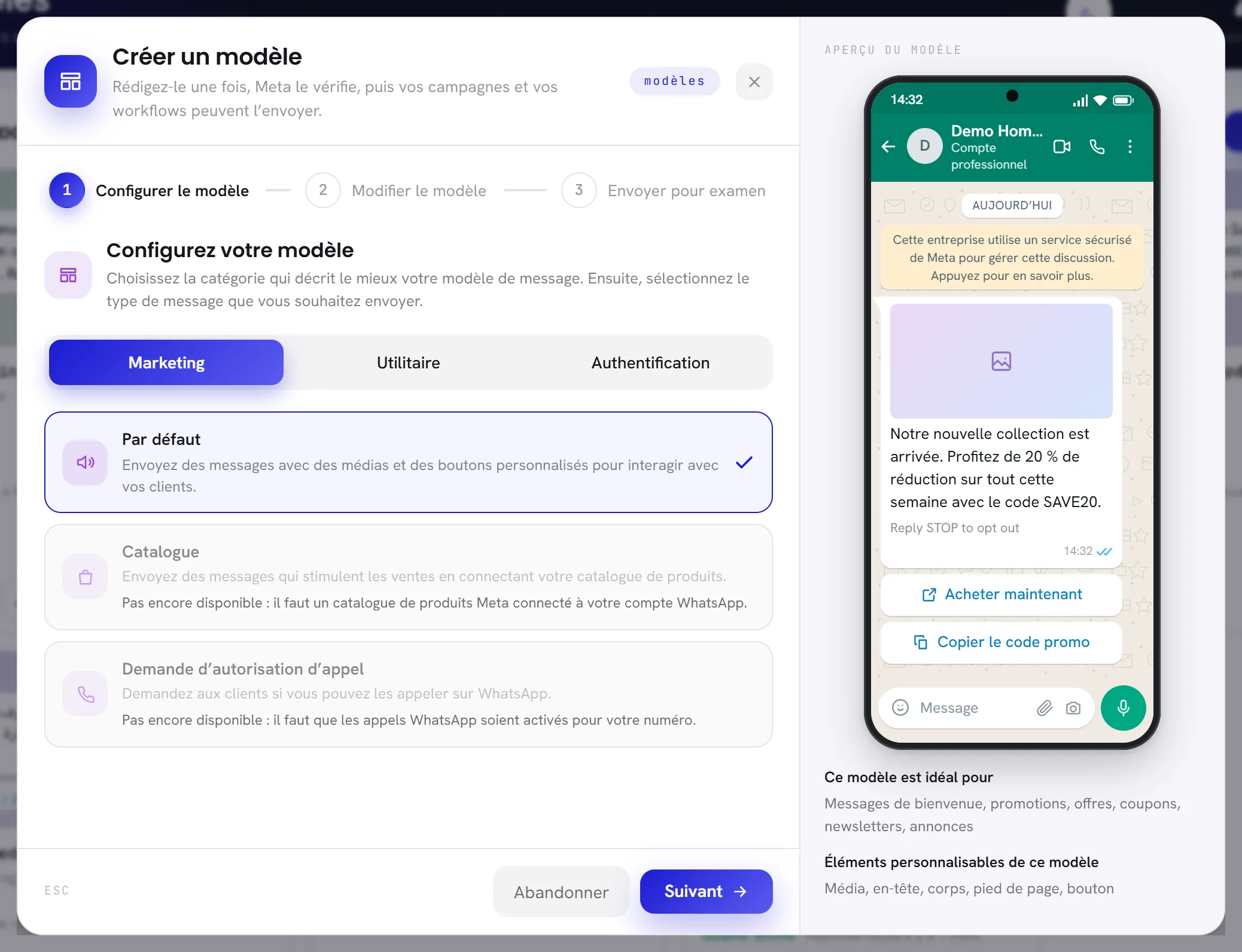 La fenêtre Créer un modèle à sa première étape : les trois catégories, les types sous Marketing dont deux sont grisés, et un téléphone qui montre un exemple.