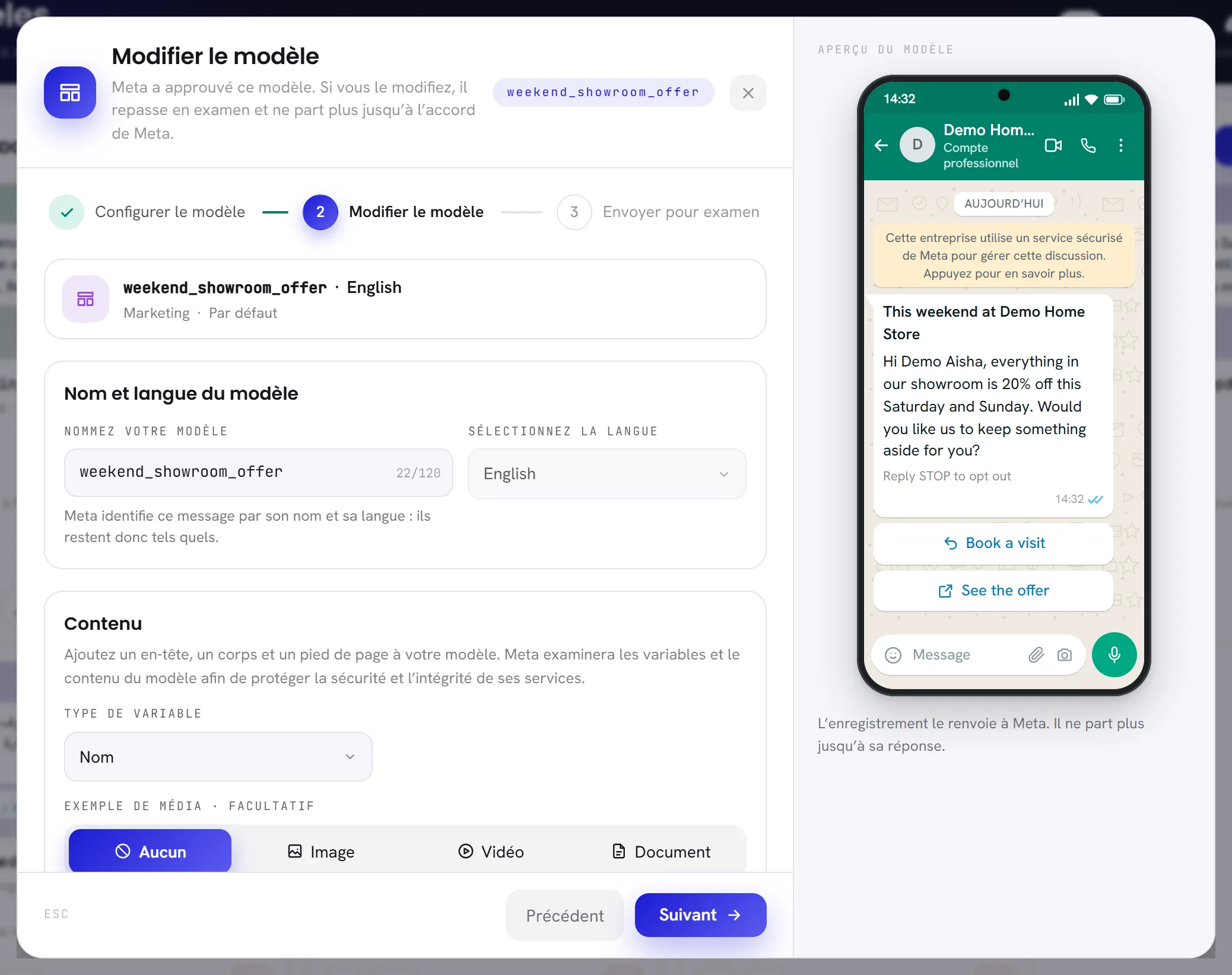 Un modèle approuvé ouvert pour modification : le titre avertit qu’une modification le renvoie à Meta, et le nom et la langue sont verrouillés.