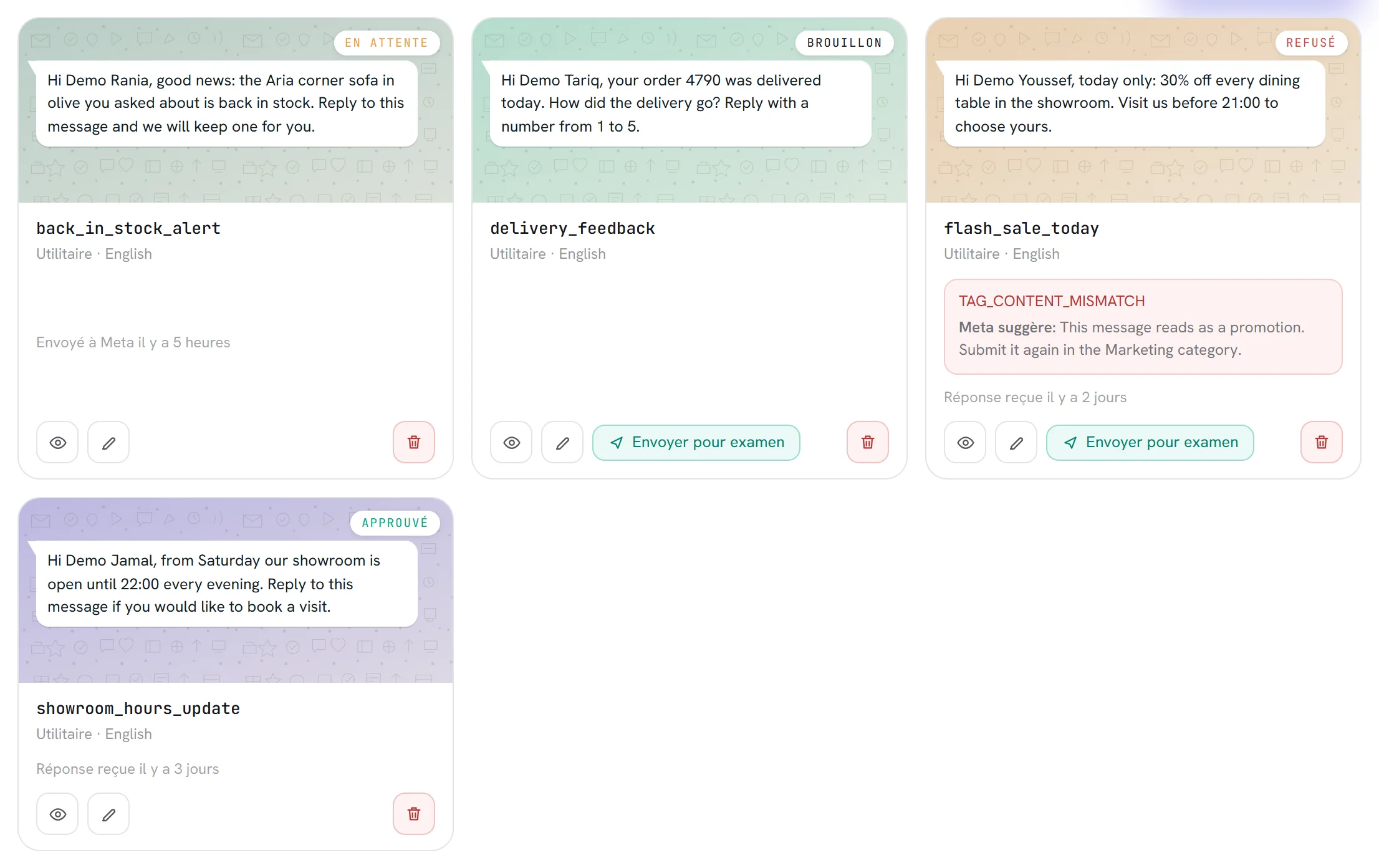 Quatre cartes avec leurs badges : En attente, Brouillon, Refusé avec la raison et les conseils de Meta dans un encadré rouge, et Approuvé.