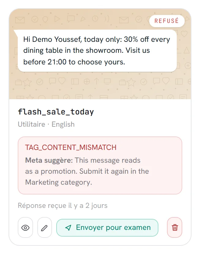 La carte d’un modèle refusé dans Modèles : le statut Refusé sur son image, la raison de Meta dans un encadré rouge, et le conseil de Meta après « Meta suggère ».