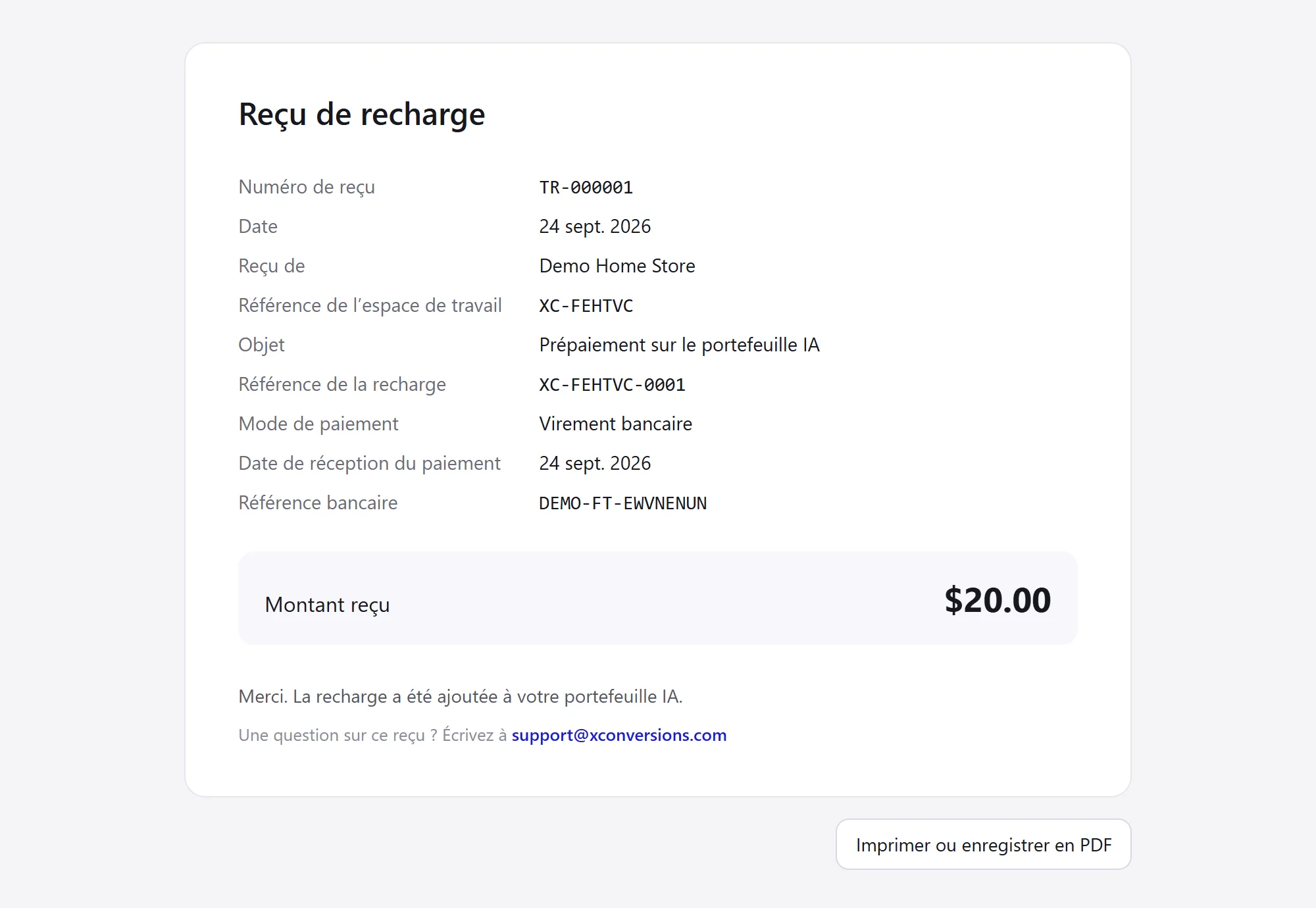 Un reçu de recharge : son numéro, la date, de la part de qui le paiement a été reçu, les références, le jour de réception du paiement, le montant reçu, et le bouton Imprimer ou enregistrer en PDF.