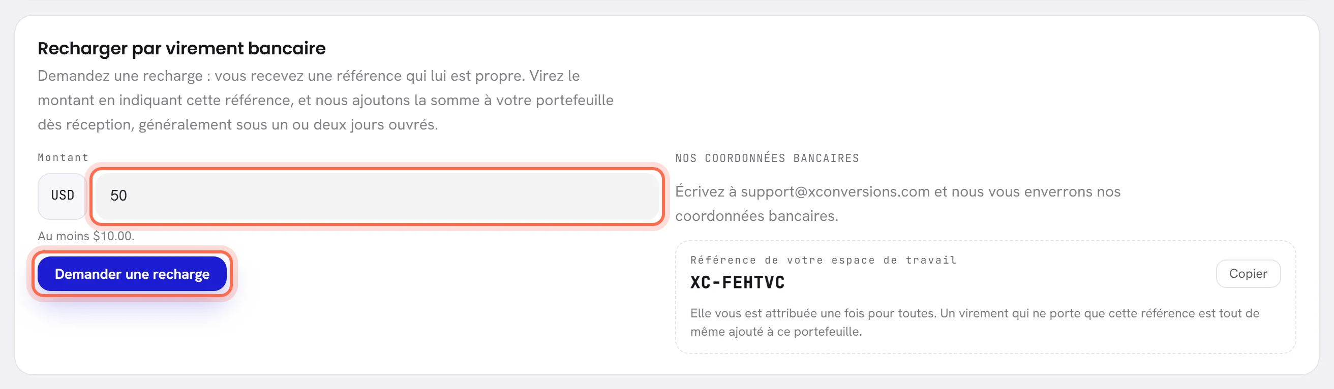 La carte Recharger par virement bancaire. À gauche, le champ Montant, où 50 est saisi, et le bouton Demander une recharge, tous deux entourés. À droite, nos coordonnées bancaires et la référence de votre espace de travail.