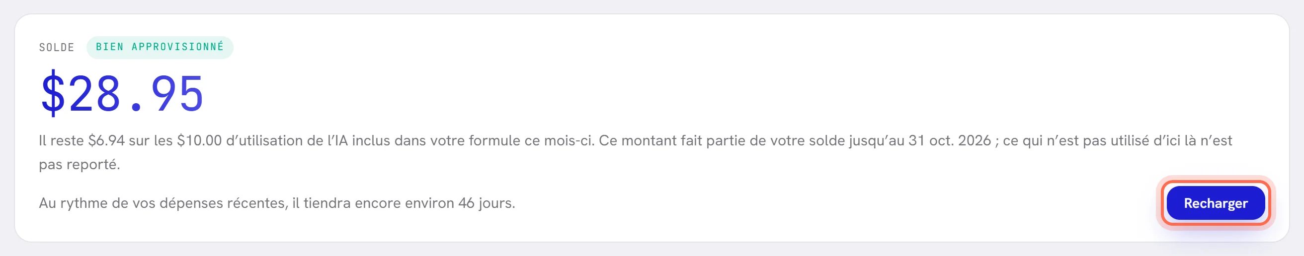 La carte du solde, avec le bouton Recharger entouré.