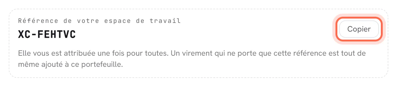 La référence de votre espace de travail, un code qui commence par XC, avec le bouton Copier entouré. Dessous : la vôtre pour toujours.