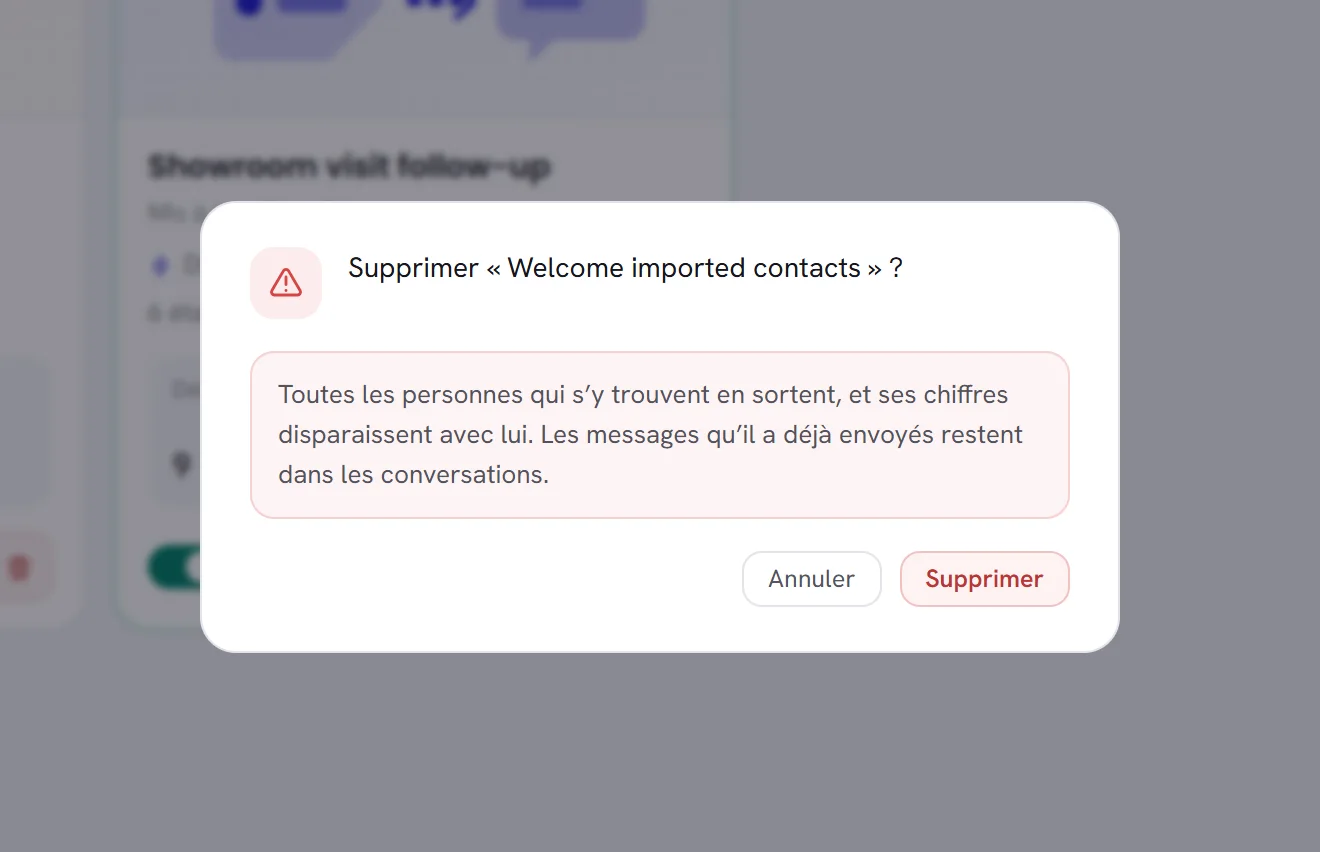 La question Supprimer « Welcome imported contacts » ? Elle indique que tous les contacts présents sortent et que les chiffres du workflow disparaissent avec lui, avec les boutons Annuler et Supprimer.
