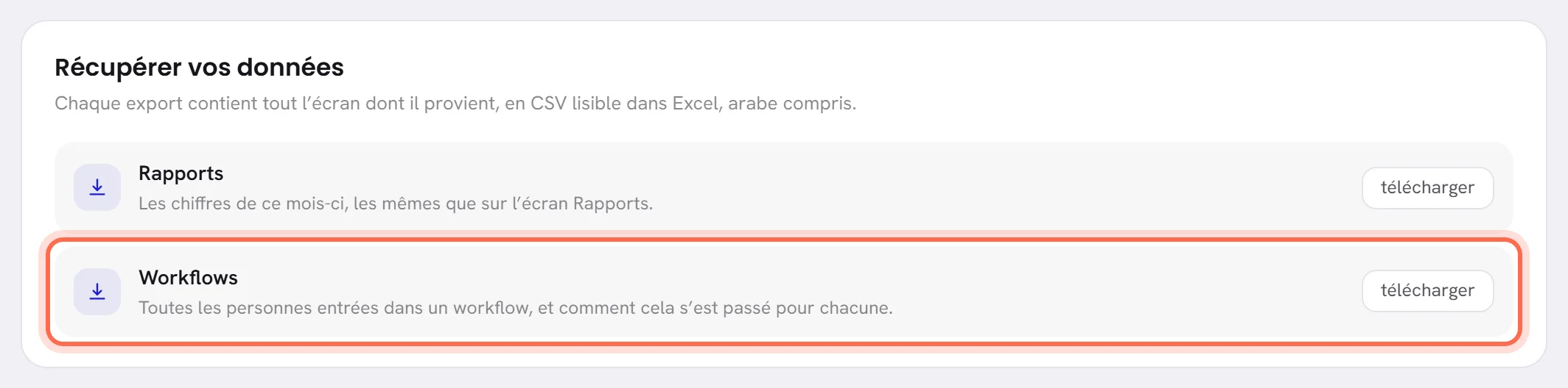 La carte Récupérer vos données des Paramètres, avec la ligne Workflows et son bouton Télécharger entourés.