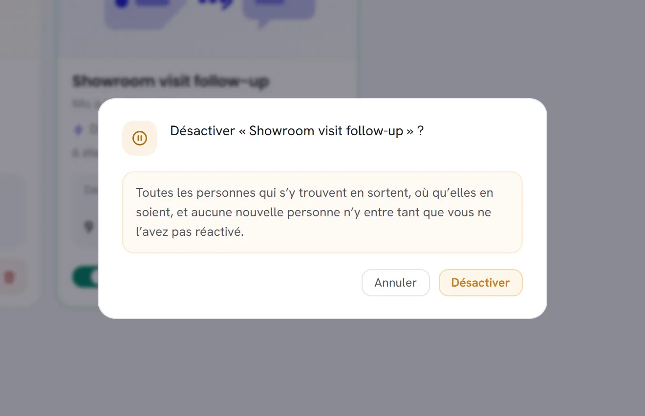 La question Désactiver « Showroom visit follow-up » ? Elle indique que tous les contacts présents sortent là où ils en sont, avec les boutons Annuler et Désactiver.